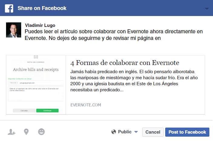 Compartir una nota de Evernote en Facebook